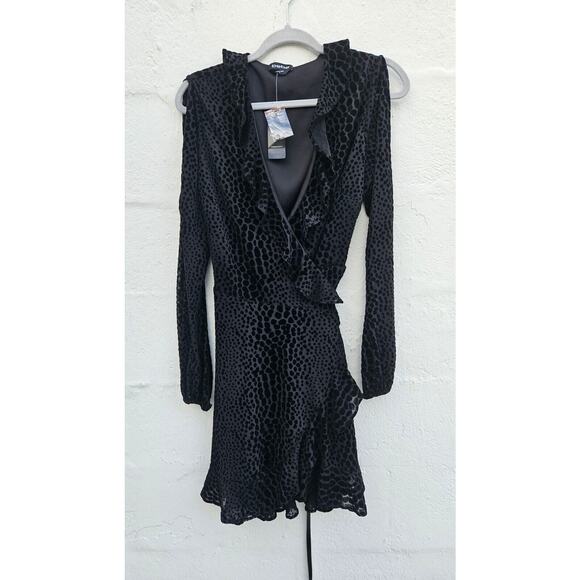 Bebe Womens Wrap Dress Medium Black Velvet Burnout Ruffle Slit Sleeve Mini - Picture 1 of 6